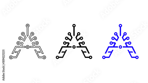 Digital circuit letter A icon in outline black solid and blue styles representing artificial intelligence tech startup branding and electronic hardware engineering
