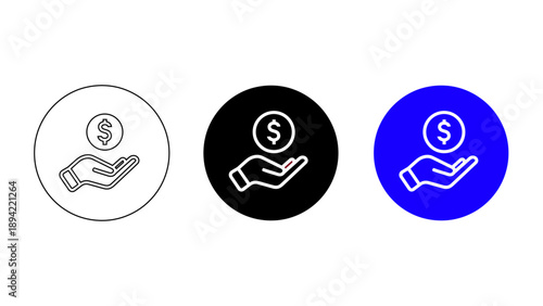 Hand holding dollar coin icon in outline black solid and blue styles representing financial donation investment savings and digital payment transaction