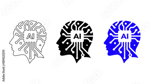 Human head with AI processor icon in outline black solid and blue styles representing artificial intelligence neural network and futuristic cognitive computing