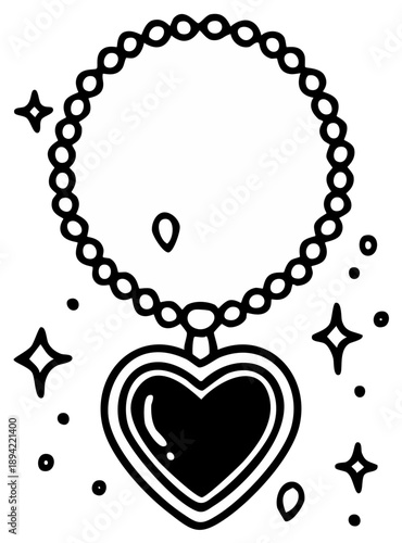 Black and White Heart Locket Necklace with Sparkles and Beads