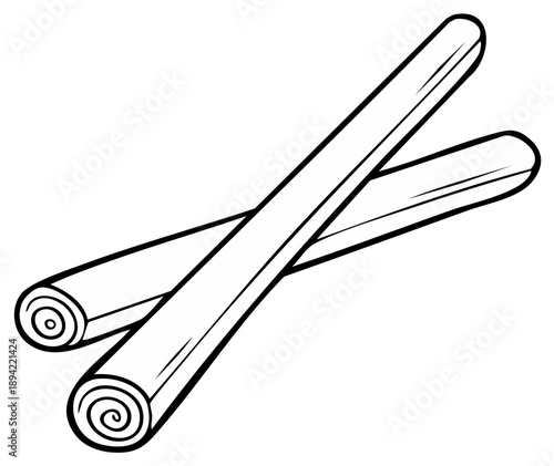Two crossed cinnamon sticks with a hand drawn artistic outline illustration