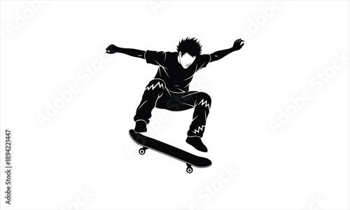 Skateboarder Jumping Trick Silhouette, Extreme Street Skate Action, Black Isolated Vector