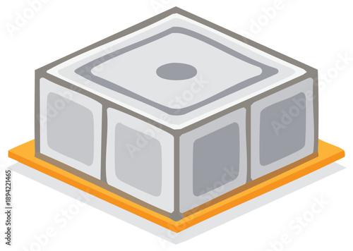 Isometric cube illustration in grayscale on a rectangular orange base with shading