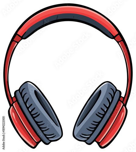 Cartoon illustration of closed-back headphones with red outer shell and gray cushions isolated on white