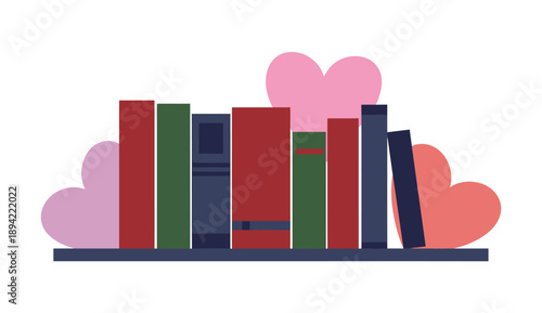 Colorful illustration of bookshelf with books and decorative hearts on white background