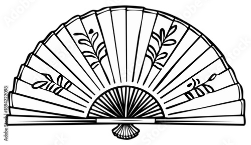 Hand Fan Illustration with Floral Accents: Classic Oriental Design for Crafts and Decorations