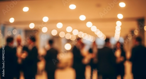Blurred view of business professionals networking and socializing in a well-lit event space.