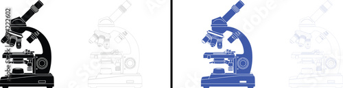 microscope icon isolated on white background, black and blue vector illustration of laboratory equipment for science, research, and medical testing.
