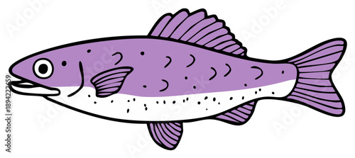 Vibrant purple cartoon fish illustration with stylized fins and spotted body
