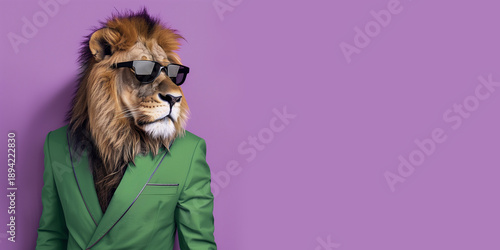 Lion animal dressed as an businessman in green suit against purple background with copy space.