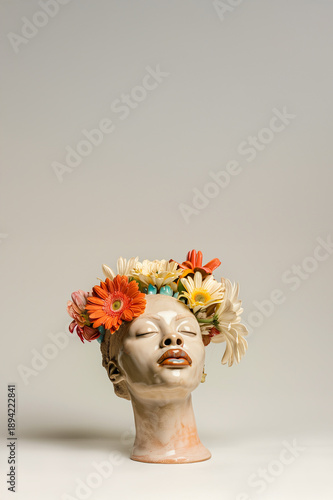 Ceramic sculpture head with blooming flowers. Mental health concept.