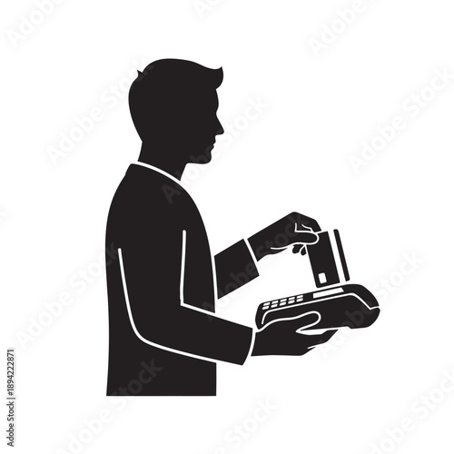 Man making payment with credit card on card machine in simple silhouette style with black and white color scheme for finance icon