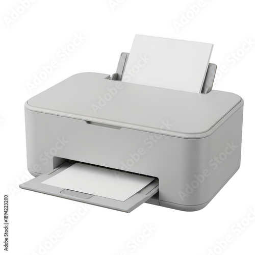 Modern white printer with paper tray open and sheet feeding, isolated on white background