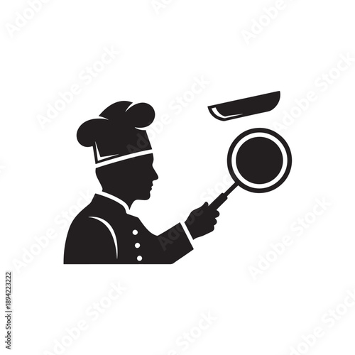 Chef tossing pancake in black silhouette with minimalist design and dramatic lighting for culinary branding
