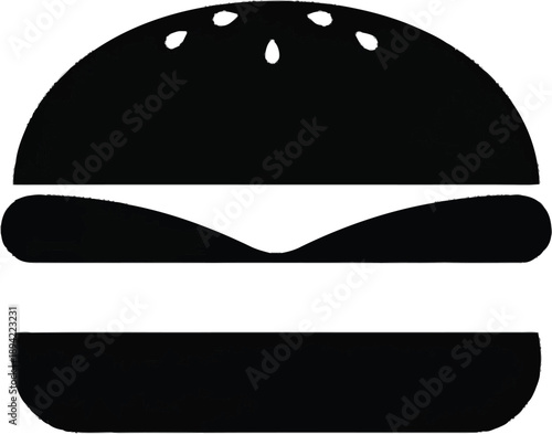 Black silhouette of cheeseburger fast food icon with sesame seeds on top bun isolated on transparent background vector illustration