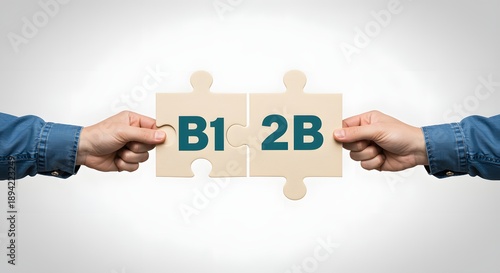 Two hands connect puzzle pieces with B1 and 2B letters symbolizing businesstobusiness partnership