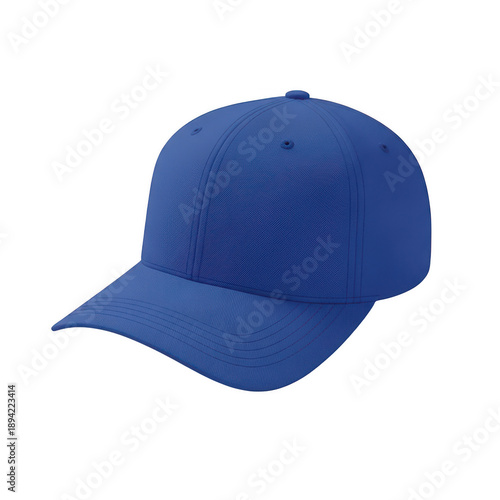 Royal blue baseball cap with embroidered design isolated on white background