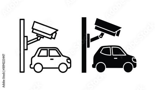 Security cameras monitoring cars on street poles in black and white