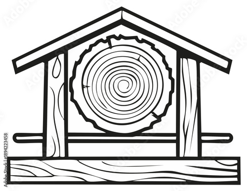 Black and white illustration of a bird feeder made of wood