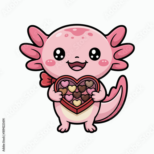 A cheerful cartoon axolotl is holding a heart-shaped box filled with chocolates.