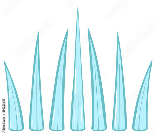 A collection of sharp blue cartoon icicles or ice spikes in a symmetrical row