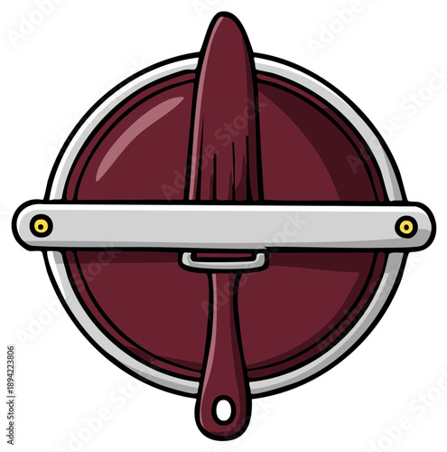 Stylized illustration of a red juicer with a silver handle and a fork motif