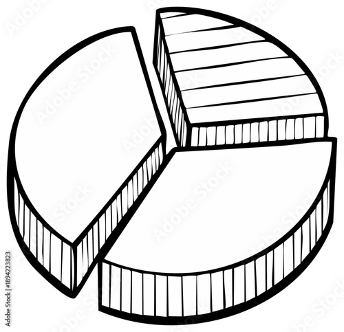 Hand drawn black and white three dimensional pie chart doodle representing data analysis and business statistics