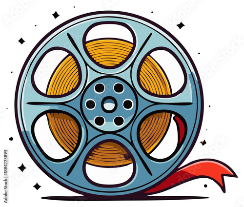Illustration of a movie film reel with film and ribbon coming out the bottom isolated