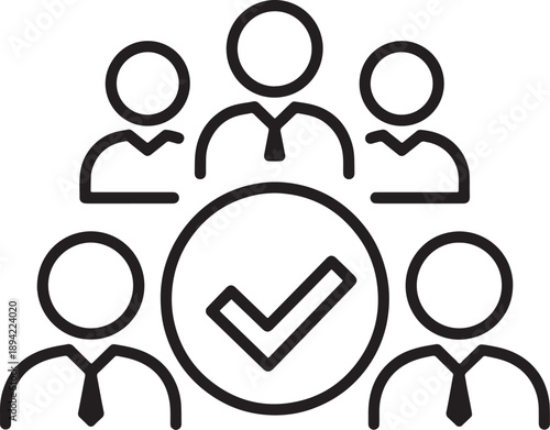 Teamwork success concept with group of stylized people figures around a large checkmark symbol indicating approval