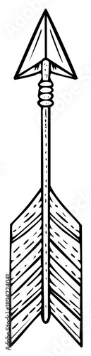 Black and White Hand Drawn Arrow Illustration with Feathers and Sharp Point for Design Templates
