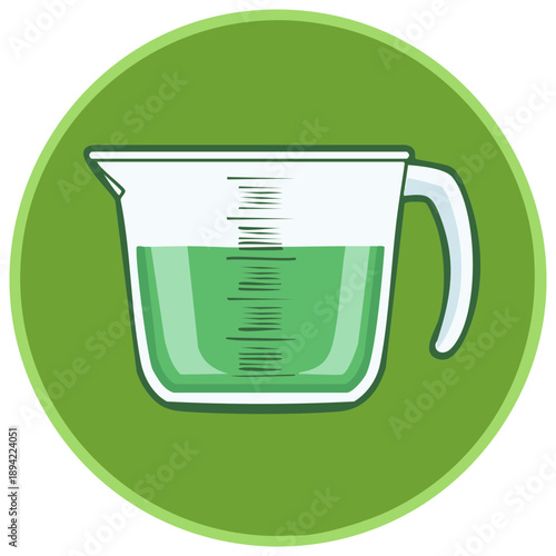 Vibrant green liquid in a clear measuring cup for cooking or baking kitchen measurement icon