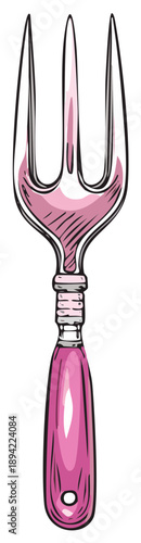 Hand drawn sketch illustration of a small garden cultivator fork with a pink handle