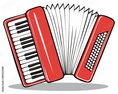 Vibrant Red Accordion with Bellows and Keys Instrument for Music Illustration, Retro Style Isolated