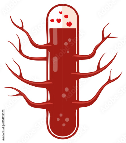 Medical biology concept illustration blood vessel with branching capillaries and floating hearts
