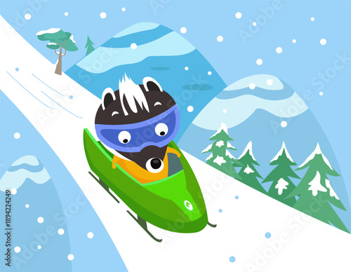 Cute character badger on sled. Bobsleigh and winter competitions. Vector flat illustration on background for children book.