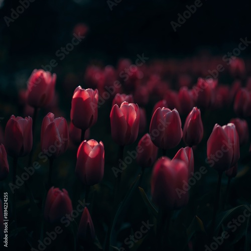 Tulips Bloom in a Garden Under the Light of the Moon During a Cool Evening in...
