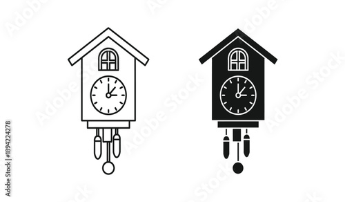 Black and white illustration of two traditional german cuckoo clocks with white details on clean