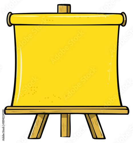 Blank Yellow Scroll Banner on Wooden Easel Stand Cartoon Illustration