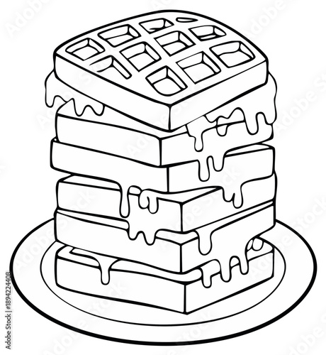 Stack of delicious waffles dripping with syrup on a plate outline illustration