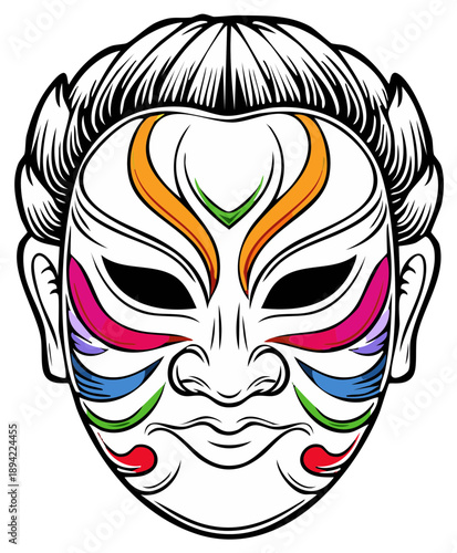 Intricate Kabuki Mask Illustration, Detailed Line Art with Vibrant Color Accents for Japanese Theater and Cultural Themes