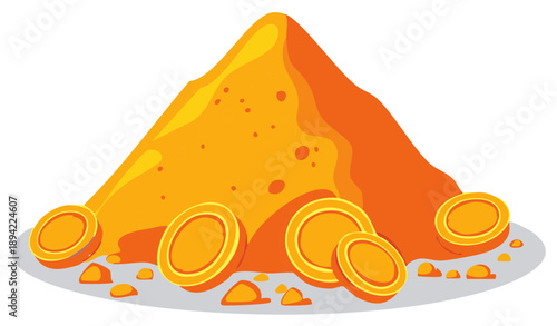 A pile of golden coins with a bright orange mound on a gray surface with light and shadow