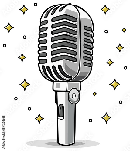 Retro Microphone Illustration with Stars and Circles for Performances and Entertainment