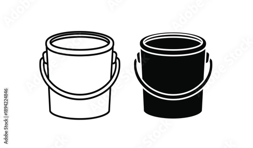 Black and white line art illustration of two buckets with handles side by side on a plain
