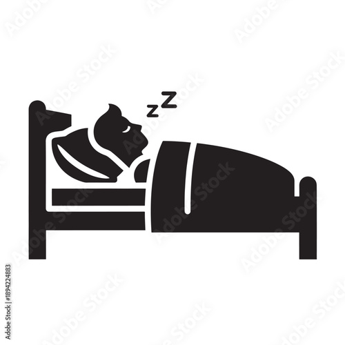 Sleeping cat in bed with peaceful slumber in soft black silhouette on white background for relaxation icon