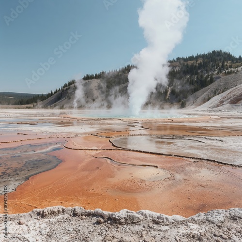 Steam Rises From Hot Springs in Yellowstone National Park Near Grand Prismati...
