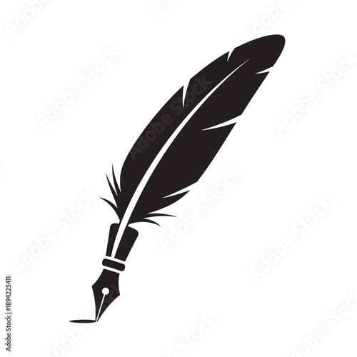 Quill Pen Silhouette in Simple Elegant Black on White Background for Stationery Design