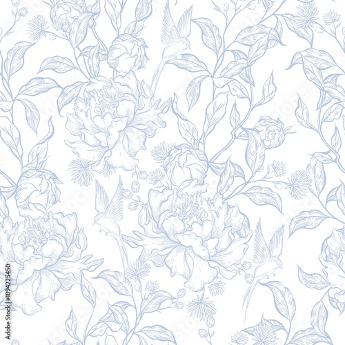Blue toile Floral seamless pattern. Toile de jour flowers wallpaper, pattern, background. Nature gentle seamless pattern.