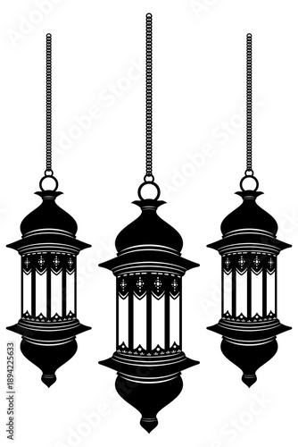 Ramadan lantern vector silhouette, hanging fanous lamp illustration, Islamic decorative element isolated on white background for Eid Mubarak celebration and greeting card design.