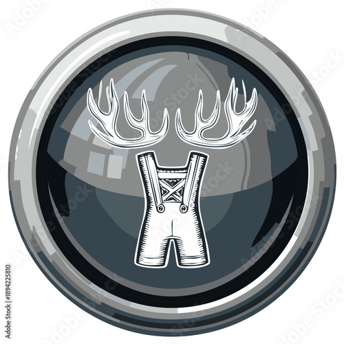 Bavarian Oktoberfest emblem featuring traditional lederhosen and antlers on a shiny round icon