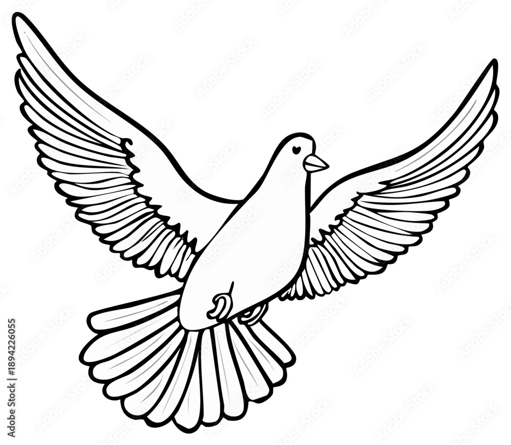 Fototapeta premium Flying Dove Illustration: Peaceful Bird Spreading Wings in Black and White Outline